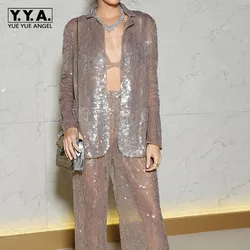 Euro Runway Women Sexy Transparent Glitter Casual Blazer Pants Suit High Quality Sequins Loose Office Ladies Party Outfits Sets