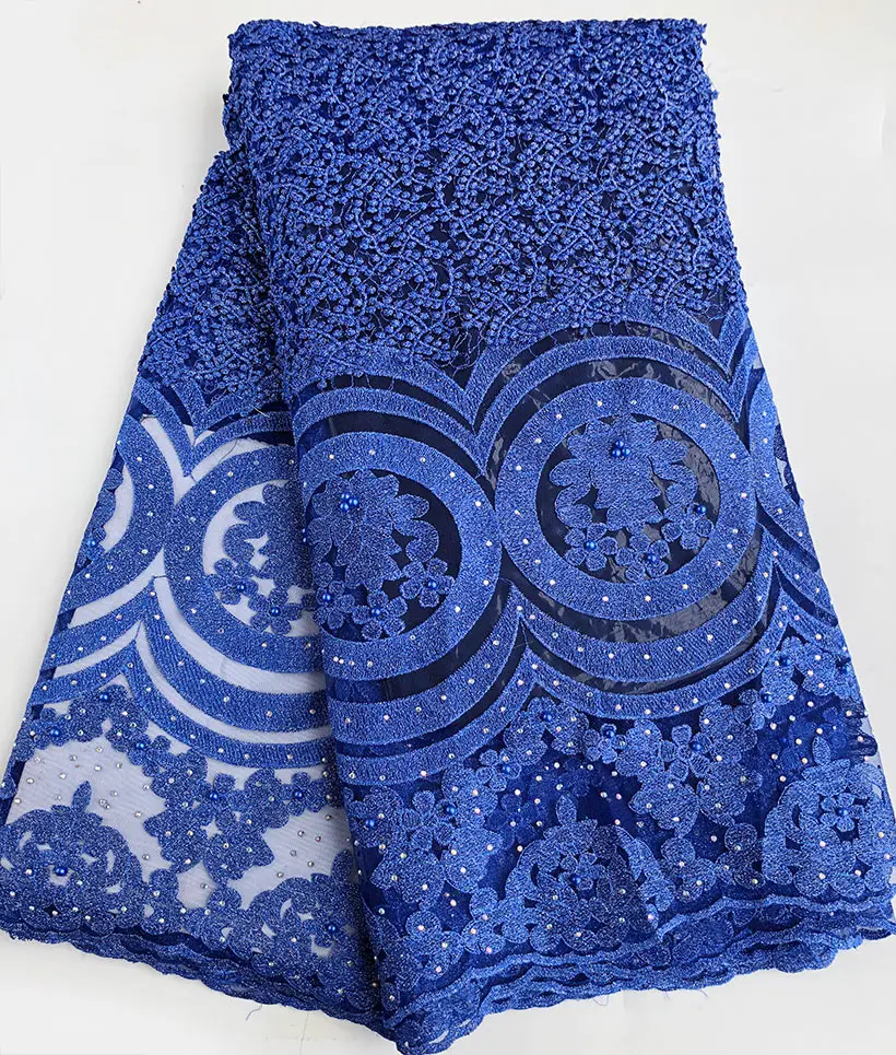 

Metallic Lurex Royal Blue African French Mesh Lace Heavy Tulle Fabric Nigerian Traditional Wear With Stones Beads High Quality