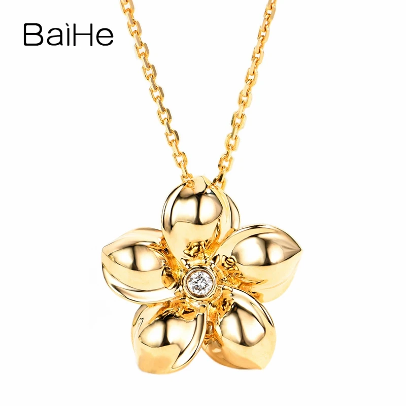 

BAIHE Solid 18K Yellow Gold 0.03ct H/SI Natural Diamond Flower Pendant Necklace Women Clavicle Chain Trendy Fine Jewelry Making