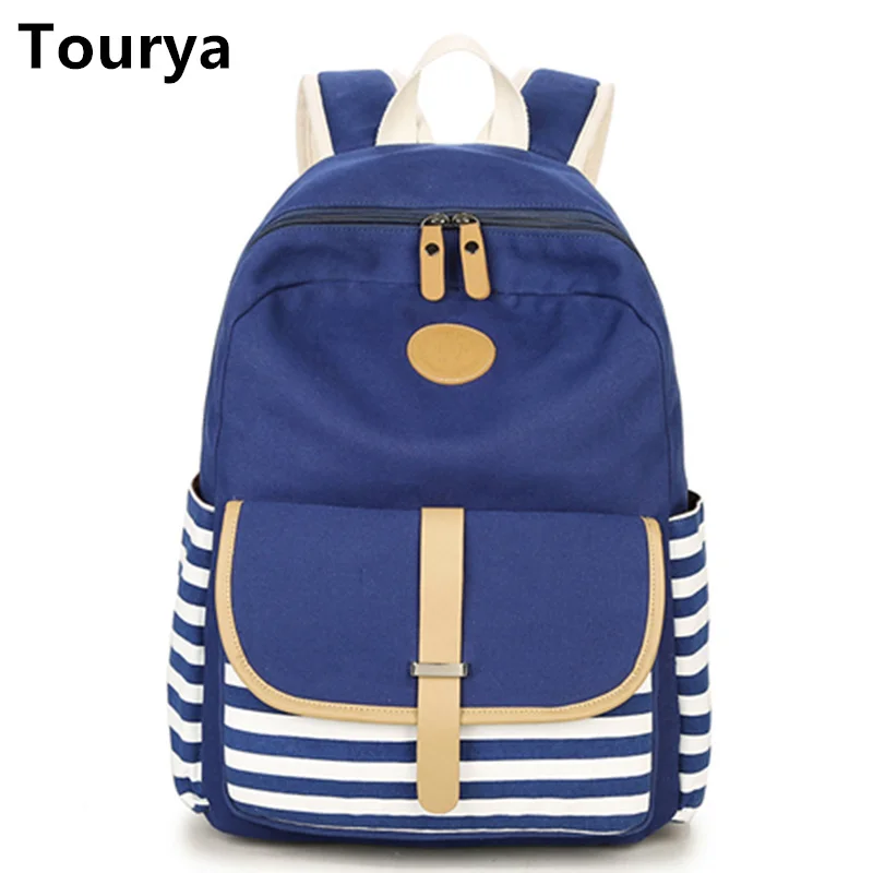 

Tourya Preppy School Bags Backpack For Girls Teenage Cute Canvas Striped Printing Women Female Laptop Bagpack escolar mochilas