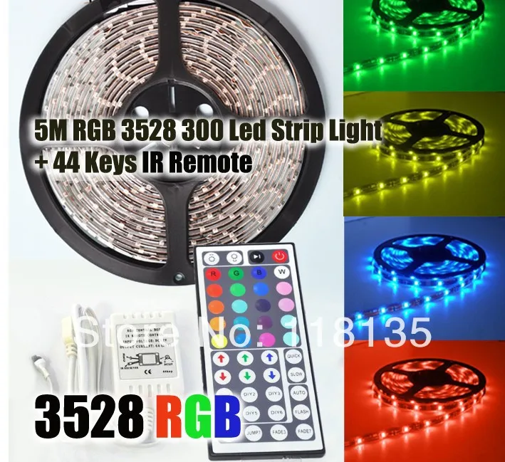 

5m 300 LED 3528 RGB color changing fleixble strips 44 Keys IR remote controller ,led strip 3528 rgb non waterproof