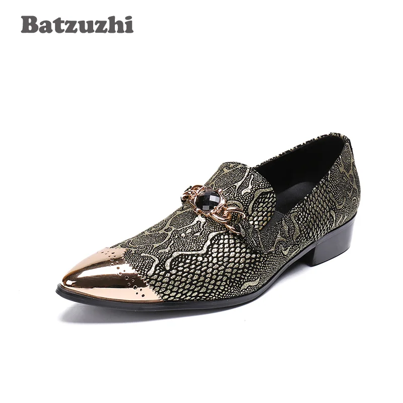 Batzuzhi Handmade Mens Shoes Pointed Metal Toe Fish Scale Pattern Leather Men's Loafers Shoes Flats Designer's Formal Shoes Men