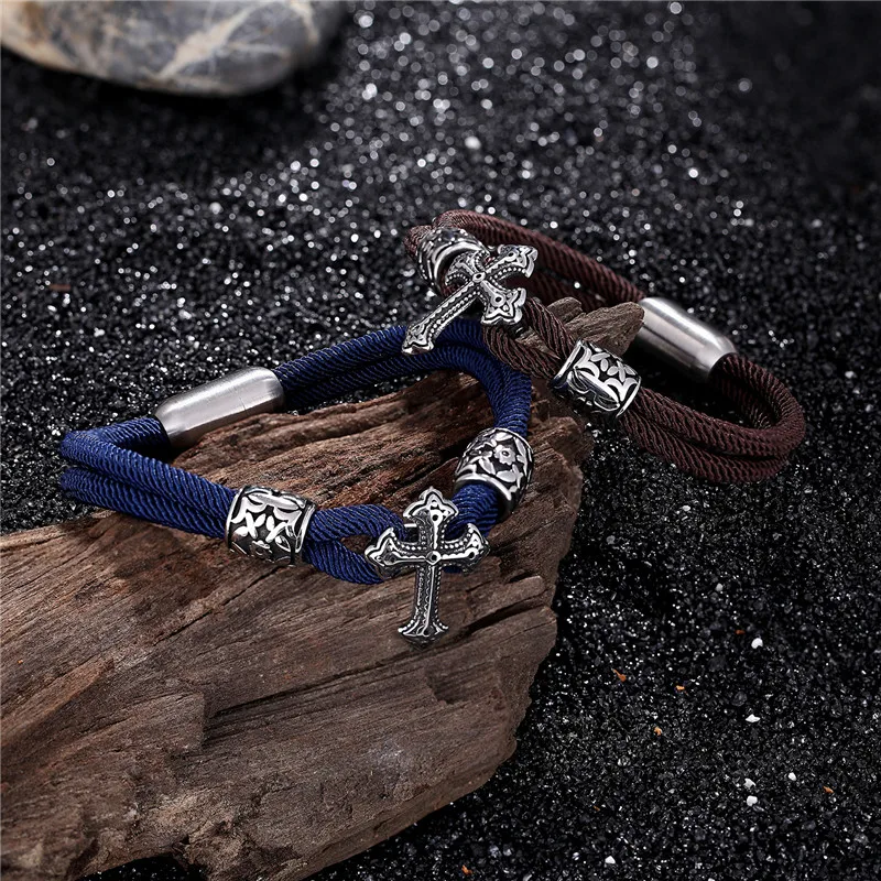 MKENDN Punk Men Survival Bracelet Outdoor Camping Rescue Emergency Rope Bracelet For Women Corss Stainless Steel Sport Buckle