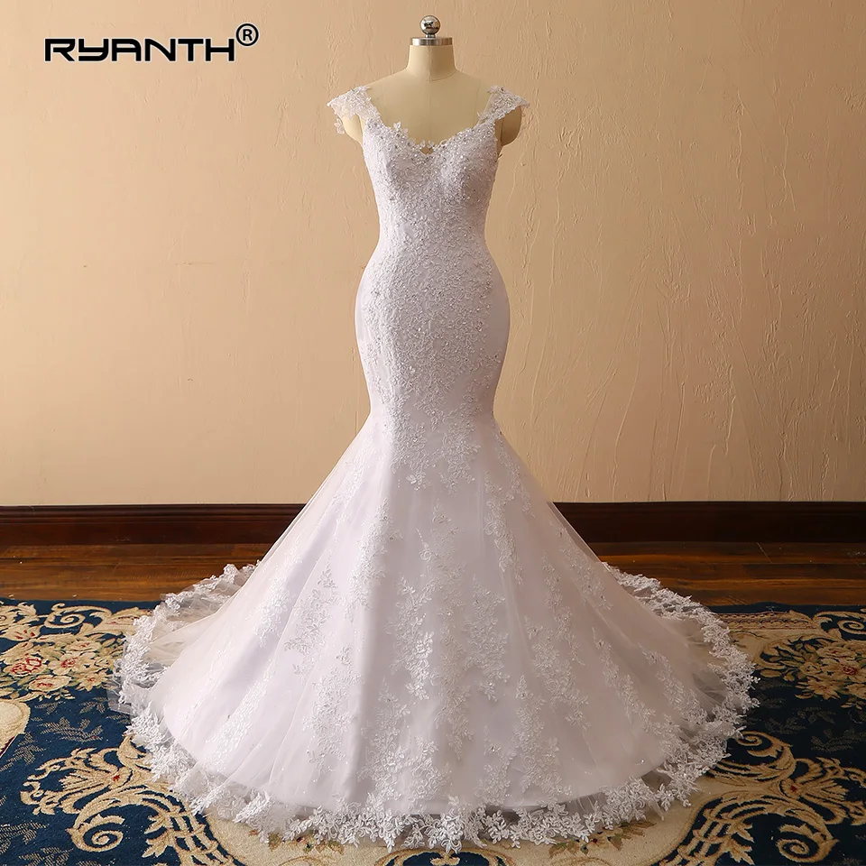 Ryanth-vestidos de noiva sereia com mangas, vestidos de renda sexy, costas ilusão, Brautkleid, robe para casamento, 2024