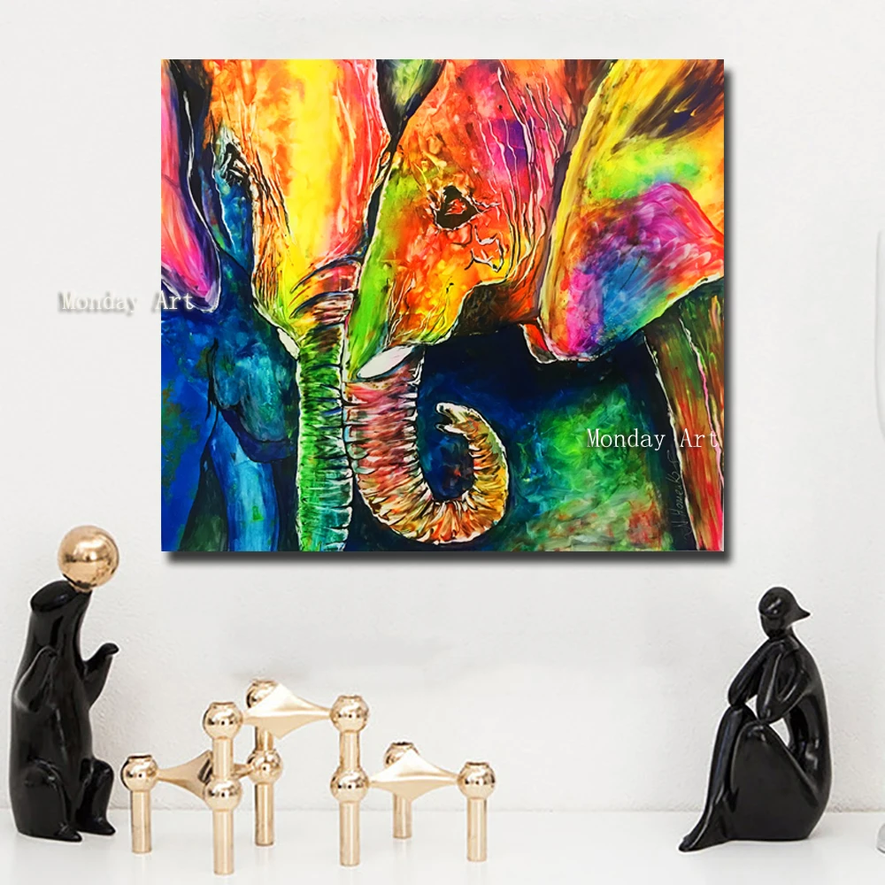 

Animal wall Picture 100% hand painted Colorful Elephant Couple oil Painting Artwork For Living Room Home Wall Decoration gift