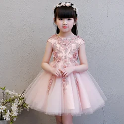 Elegant Pink Tulle Flower Girl Dress For Weddings Baby Baptism Party Pageant Princess Gown Bead Floral Kid First Communion Dress