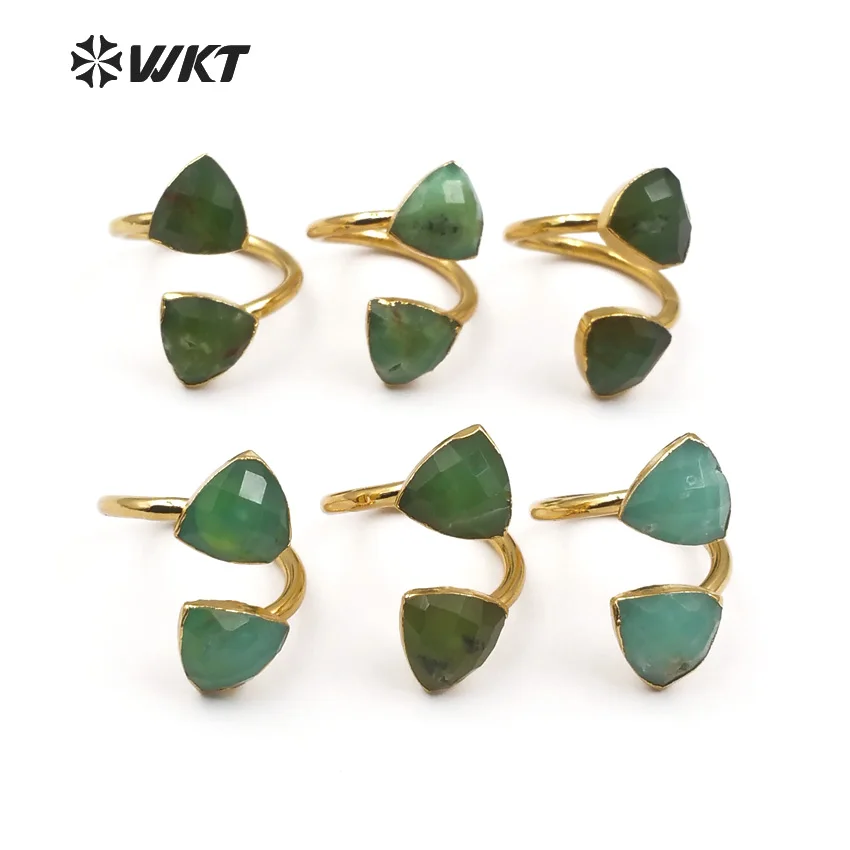 WT-R317 Wholesale Natural Chrysoprase Stone In Triangle Shape Faceted With Gold Trim For Women Party Ring Jewelry