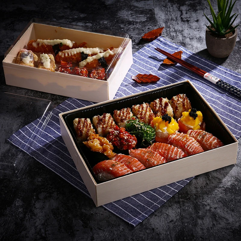 Food Tray Transparent Packing Box, Wooden, One-Time Dessert Square Container, Noble Eco-Friendly Sushi Dish, 10Pcs