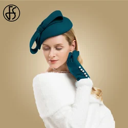 FS Luxury Fascinators Wool Pillbox Hats For Women Elegant Black Blue Bowknot Wedding Derby Cap Felt Fedoras Church Hat Chapeau