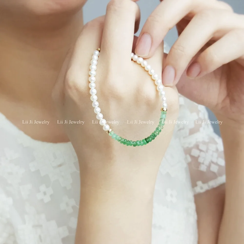LiiJi Natural Emerald Freshwater Pearl Beads 925 Sterling Silver Gold Color/Goldfilled  Bracelet Nice Gift for Women