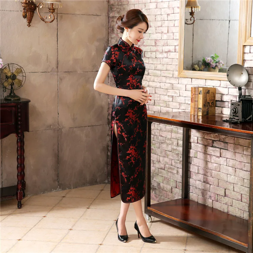 Black Red Chinese Traditional Dress Women's Silk Satin Cheongsam Qipao Summer Short Sleeve Long Dress Flower S M L XL XXLNC039