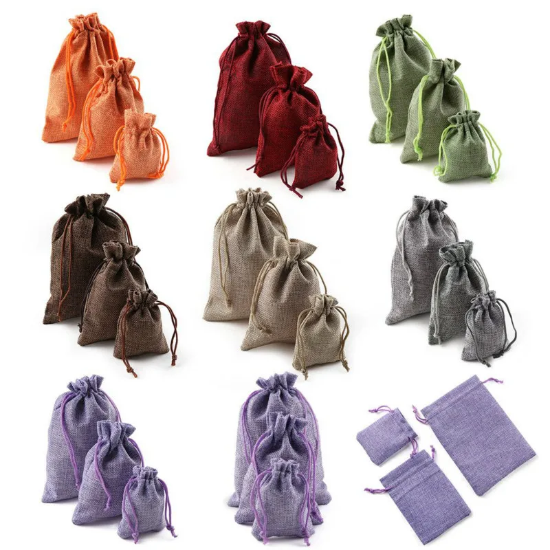 New 100pcs/lot (3 SIZE) Khaki color natural Burlap Linen Jewelry Travel storage Pouch Mini Candy jute Packing Bags for Gift bag