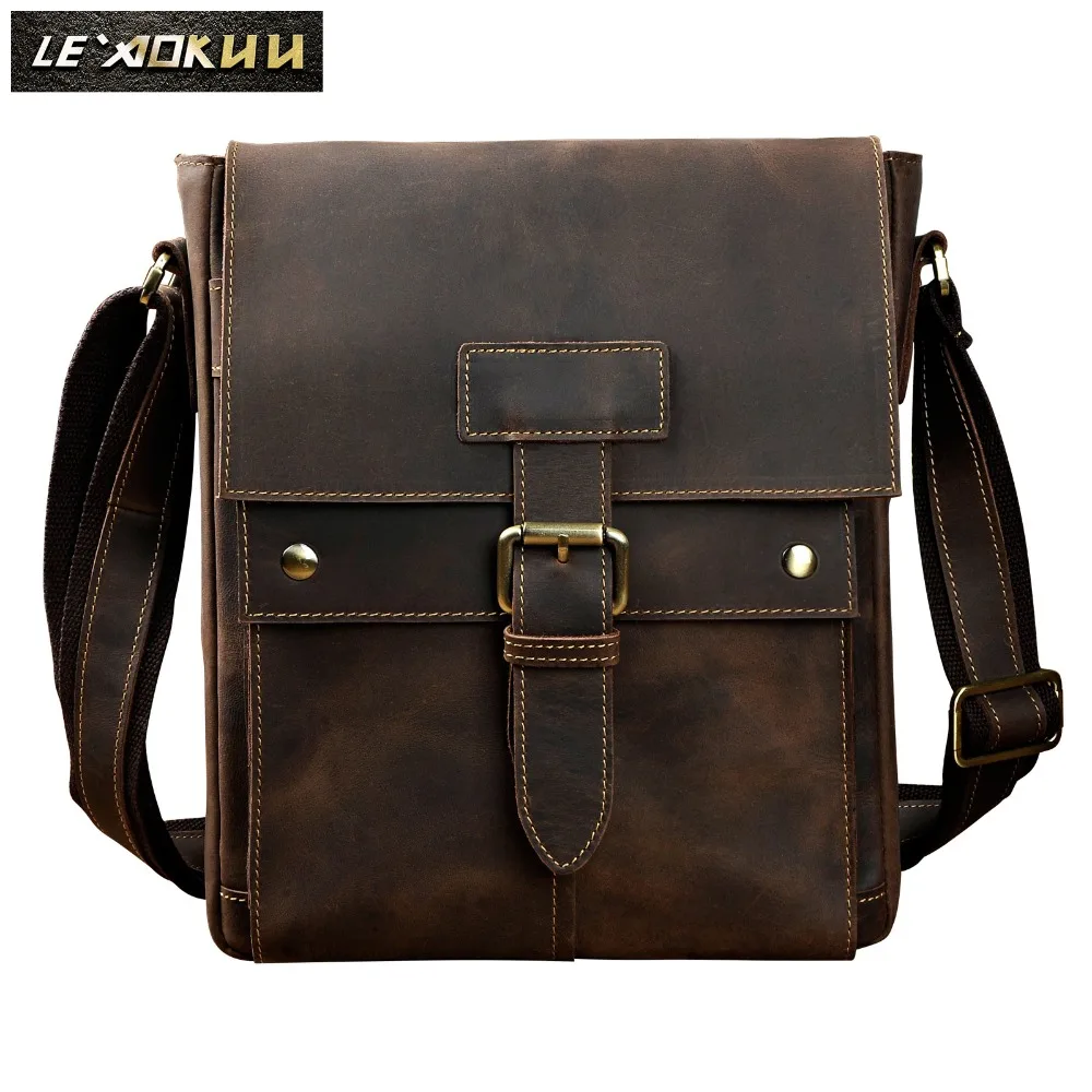 Crazy Horse Leather Male Design Casual College Shoulder Messenger Crossbody bag Fashion Mochila Satchel School Book bag 8571