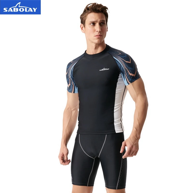 Men Elastic Lycra Quick Dry Swimsuit Surf Sunscreen UV Protection Rash Guard Diving Tight Beach Shirt and Short Separate Sales