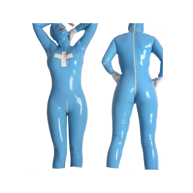 Latex Suit Rubber Unisex Nursing Catsuit Hood Full-body Bodysuit Tights Size XXS~XXL