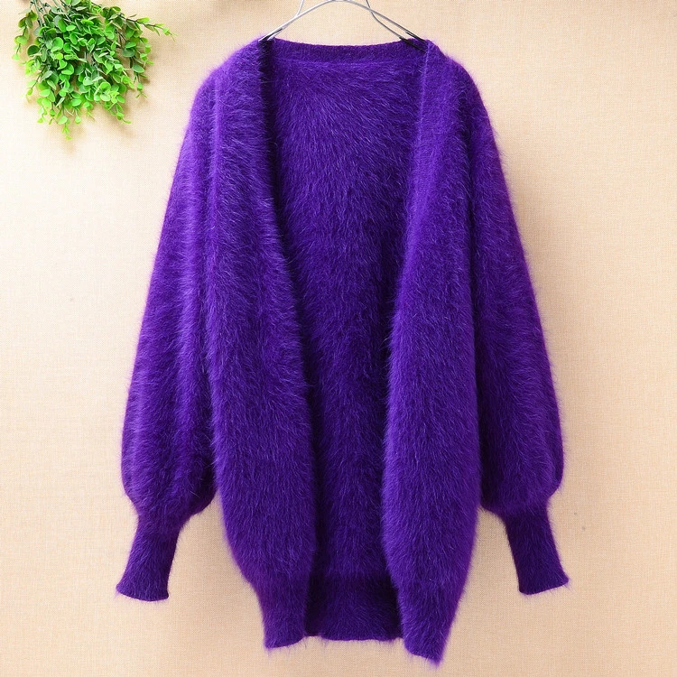 Lady women spring medium long real angora rabbit fur loose lantern long-sleeves hand knitted mink cashmere sweater coat cardigan