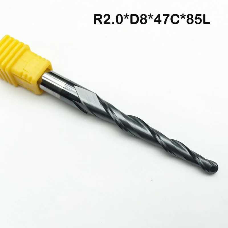 1PC 8mm*R2.0*47*85L 2F HRC55 CNC NANO Coated Solid Carbide Tapered End Mill, Woodworking Router Bit, Two Flutes Taper Ball Nose