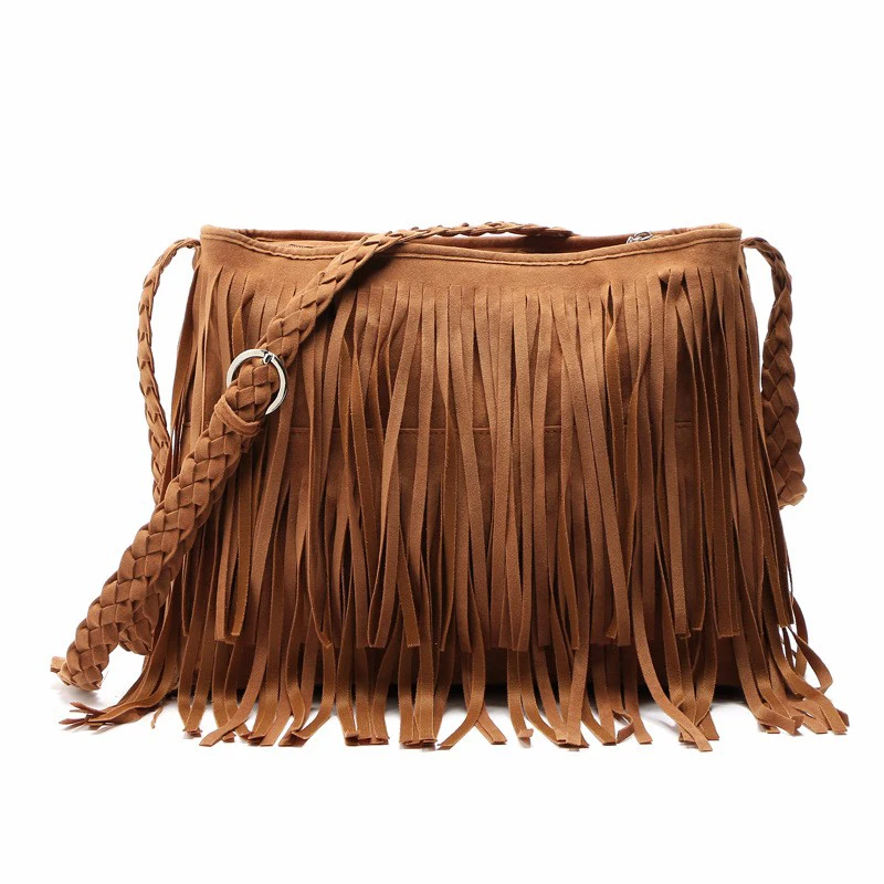 Vintage Frosted PU Leather Fringe Tassel Bags Women Handbag Messenger Crossbody Shoulder Bag Woman Lady Bohemian Hippie Hobo Bag