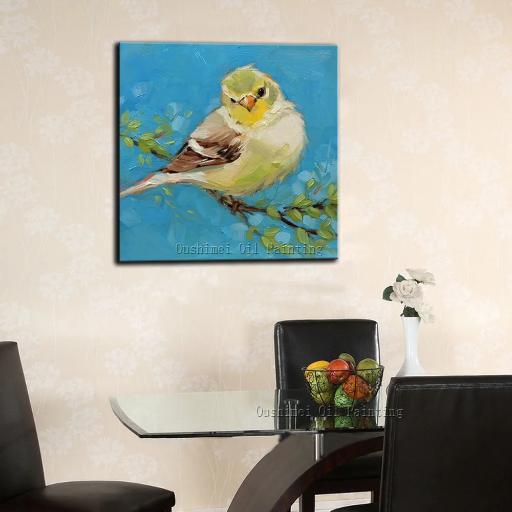 100% Hand Paintd Blue Bird Oil Painting On Canvas Modern Pink Animals Hang Pictures Hot Sale Landscape Wall Painting