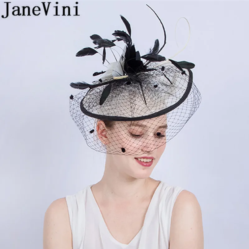 JaneVini Black Wedding Hats and Fascinators With Net Veil Ladies Fashion Hats Hair Pin Feathers Bridal Bride Wedding Party Hat