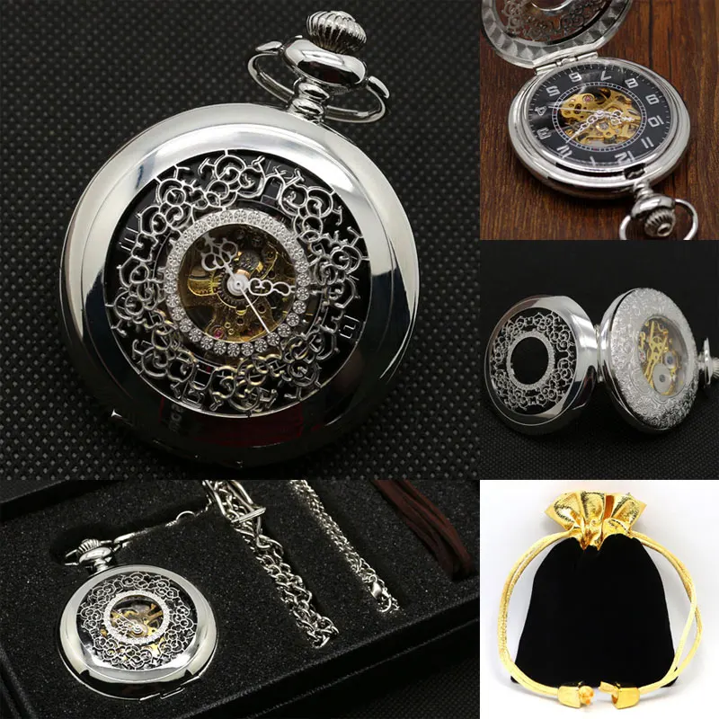 

2023 Retro Gift Set Mechanical Hollow Carving Pocket Watch with Pocket Box Bag and Chain Necklace for Men Women Birthday Gift