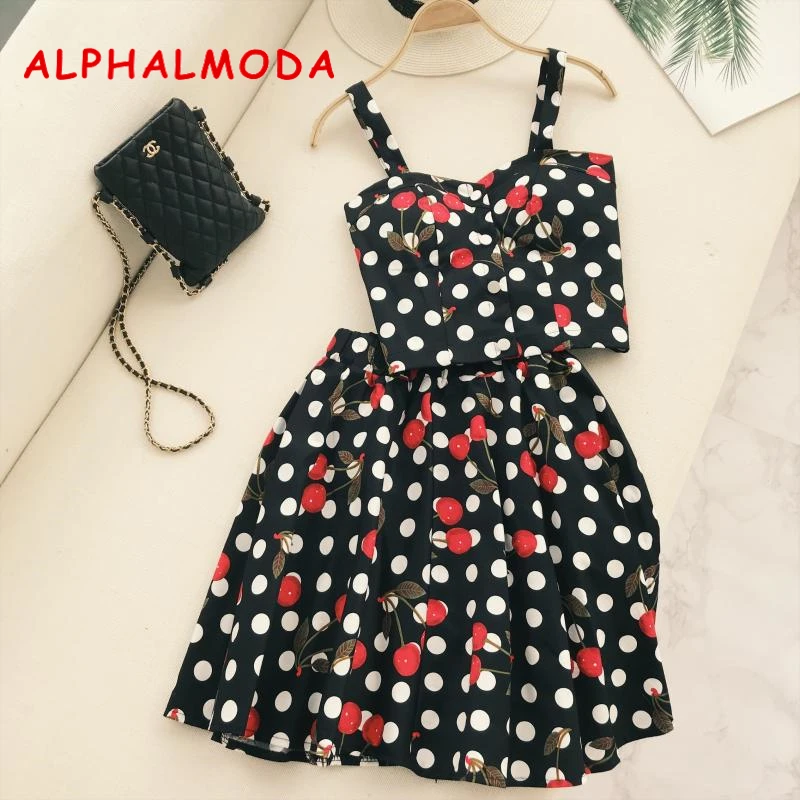 ALPHALMODA Retro Cherry Dot Print Crop Top Skirt 2pcs Clothing Sets Single Breasted Tank Top Elastic Waist A-line Skirt Suits