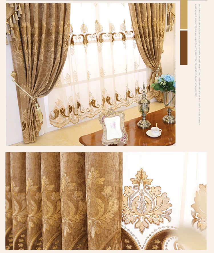 Custom curtains Chenille upscale European yellow embroidery thickening shade cloth blackout curtain tulle valance N233