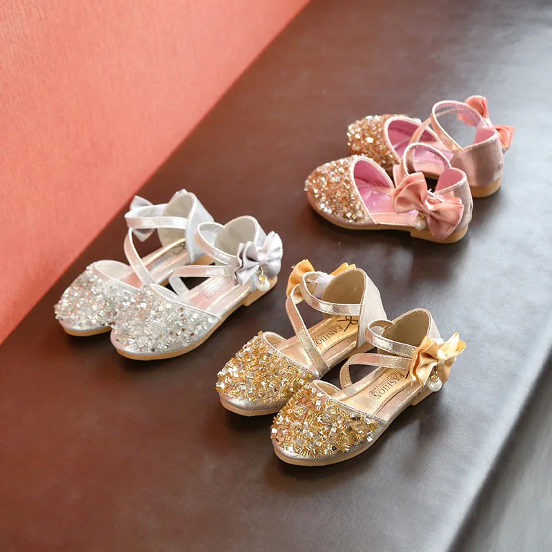 SLYXSH 2019 Children Princess Glitter Sandals Kids Girls Soft Shoes Square Low-heeled Dress Party Shoes Pink /Silver/Gold