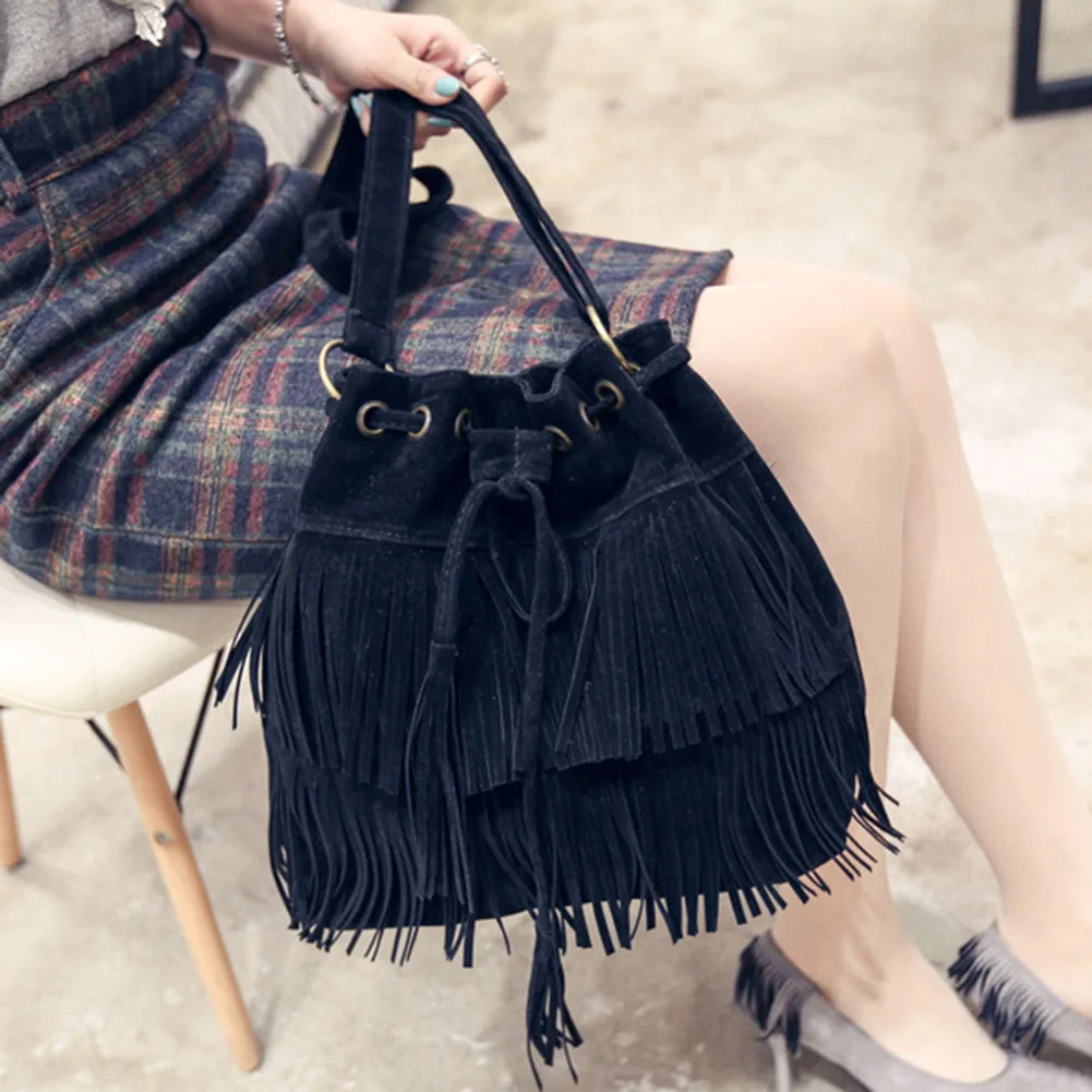 Torba kobiety 2020 torebka kobiety jednolity kolor Fringe frędzle sznurek Crossbody ramię Suede wiadro torby torby dla kobiet 2020