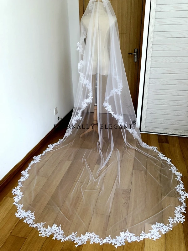 Velo De novia Blanco/Marfil De 3m De largo, accesorio De boda, Mantilla De encaje, catedral, fotos reales