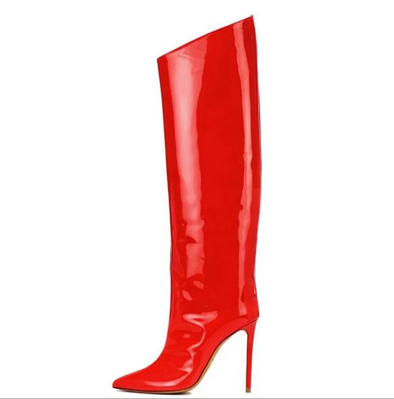 

Red Knee High Boots 2018 New Women Mirror Leather Boots Pointed Toe Shoes Tide Solid Color Oblique Side Zipper Fashion Boots