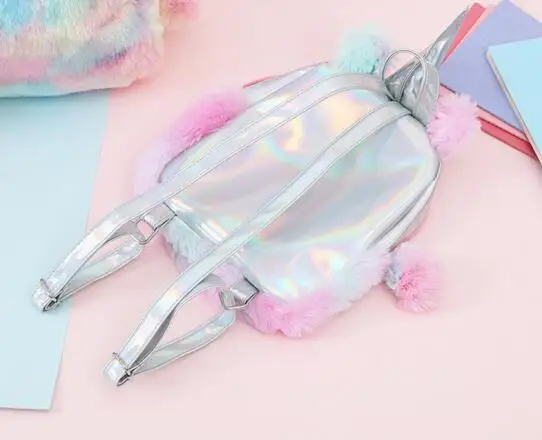 Mini Unicorn Backpack Bags For Women 2022 Winter Faux Fur Small Bagpacks Hologram Leather Teenager Schoolbag Mochila Feminina