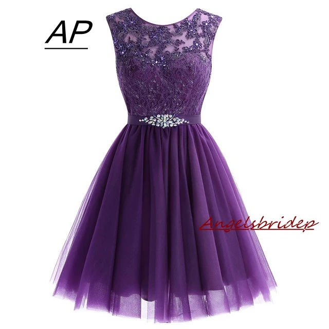 

ANGELSBRIDEP Scoop Neck Short/Mini Homecoming Dress For Graduation Cap-shoulder Tulle Beads Crystals Special Occasion Party Gown