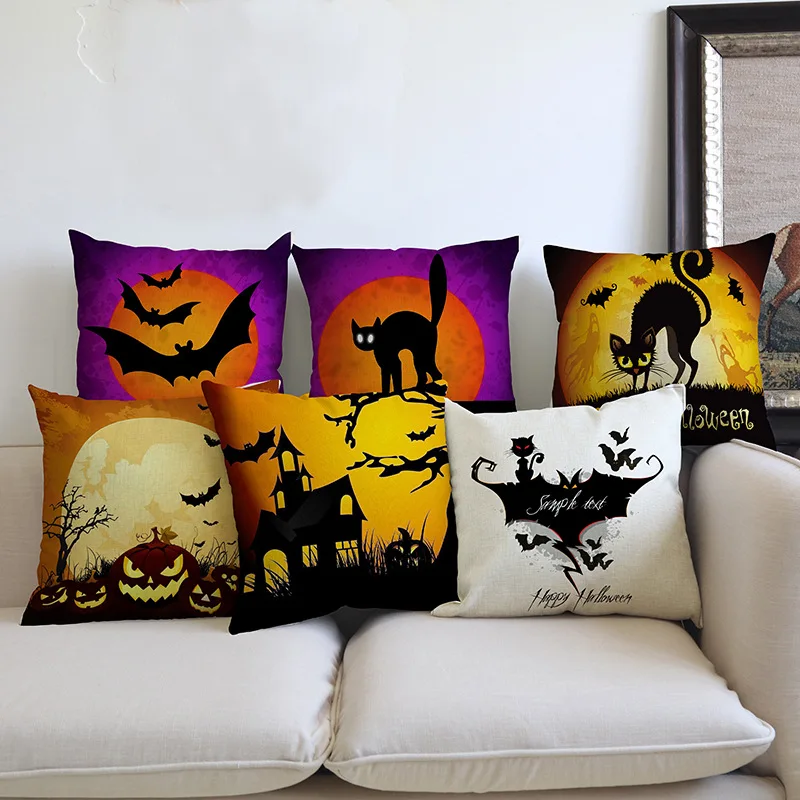 2018 New Halloween Throw Pillow Decoration Art Black Cat Castle Bat Witch Pumpkin Scary face Print Sofa Decorative Cushion Cover