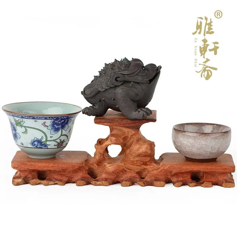 Z jade stone carving rosewood Zhai Gallery base decoration crafts teapot base high and two low.