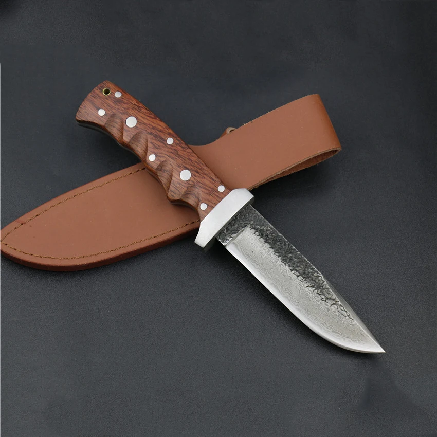 Wholesale 62HRC Hardness Forged Damascus Steel Pattern Fixed Blade Straight Knife Outdoor Self-defense Hunting Knives Tactical