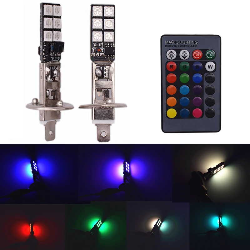 2pcs Car Styling RGB LED Auto Car Headlight H1 5050 LED 12 SMD RGB Fog Lights Decoration Lamp Bulb With Remote Control 12V