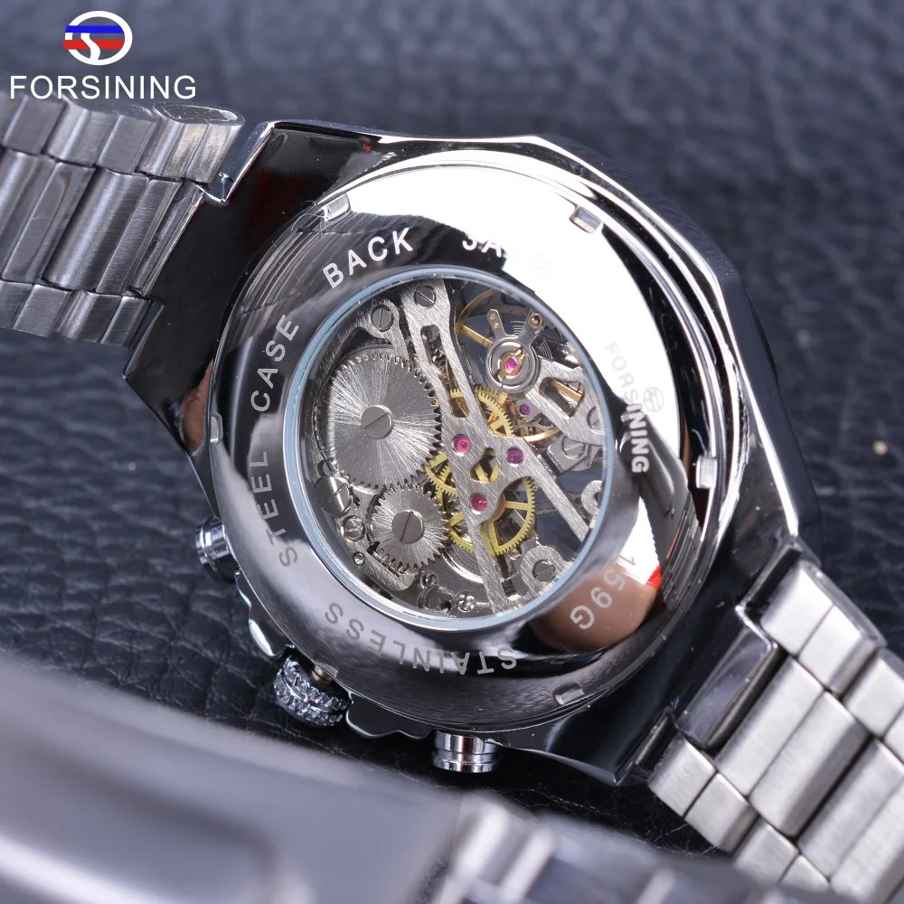 Forsining Watch + Bracelet Set Combination Transparent Silver Steel Band Mechanical Skeleton Sport Wrist Watches Men Brand Clock