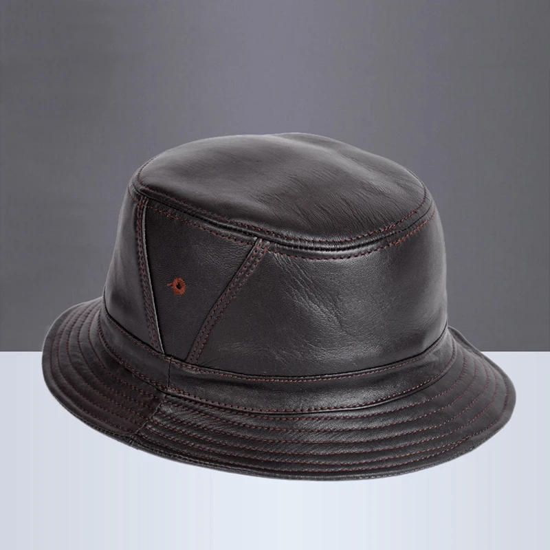 NEW RY995 Man Real Leather Fitted Flat Bucket Hats Male Outdoor Potted Short Brim Black/Brown Hip Pop Gorras Elderly Fishing Cap