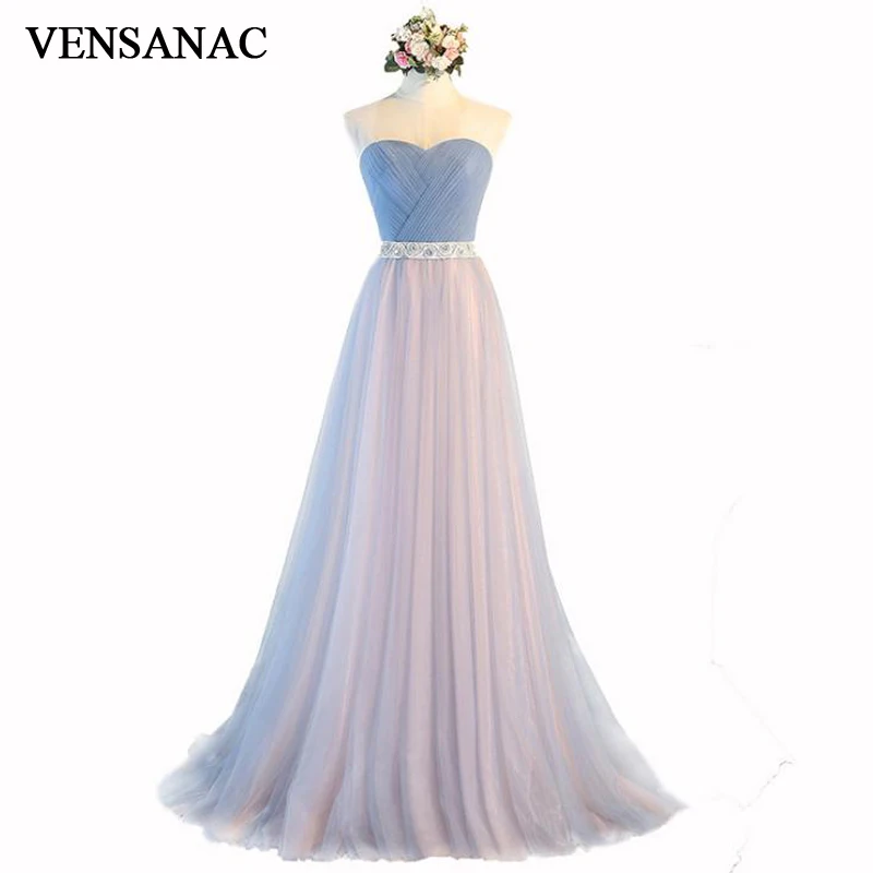 

VENSANAC 2018 Crystals Sash Sweetheart A Line Long Evening Dresses Lace Party Pleat Sweep Train Tulle Prom Gowns