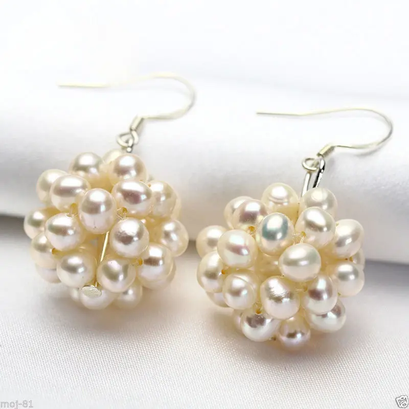 Selling Jewelry Pair Natural White Freshwater Pearl Cluster Sterling Silver Hook Dangle Earrings