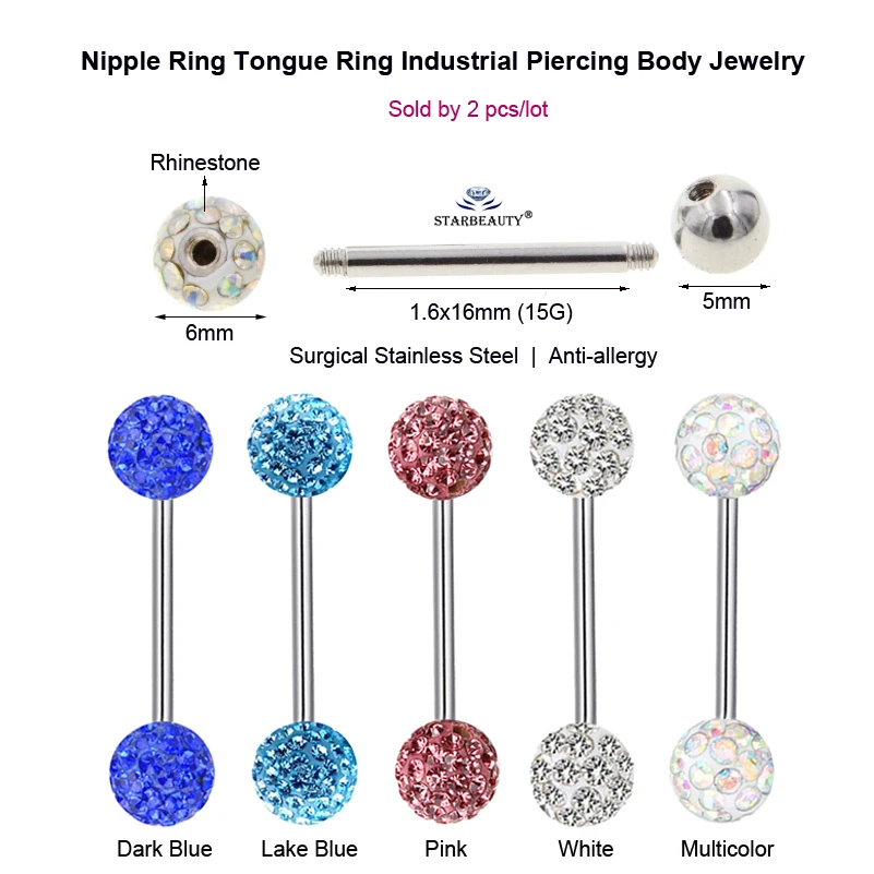 Starbeauty 2Pcs 6mm Full Crystal Balls Nipple Rings Tongue Piercing Tongue Ring Industrial Piercing Nipple Jewelry Tongpiercing