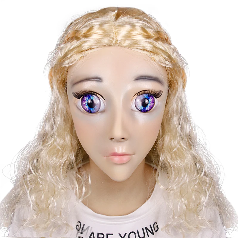 Cute Female Sweet Girl Full Face Kigurumi Mask With BJD Eye cartoon Cosplay Japanese Anime Role Lolita Mask Crossdress Doll Mask