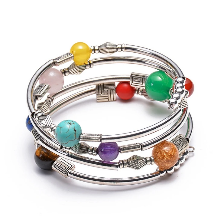 2019 NEW Natural Turquoise Agate Multi-circle Wrapped Seven Chakra Multi-layer Bracelet