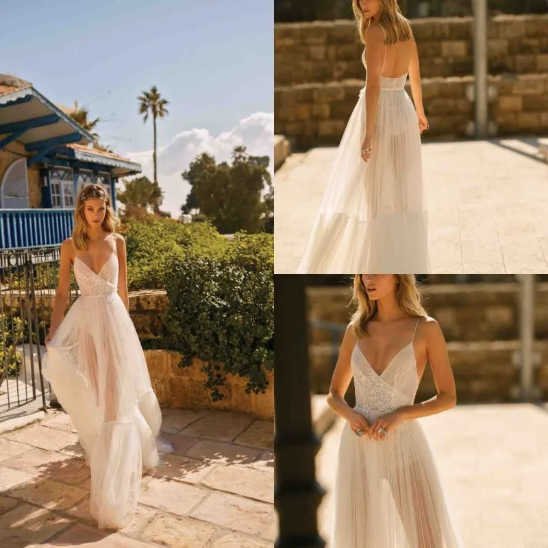 2021 moda vestidos de casamento espaguete cintas sem costas rendas apliques vestidos de noiva boho a linha vestido de casamento