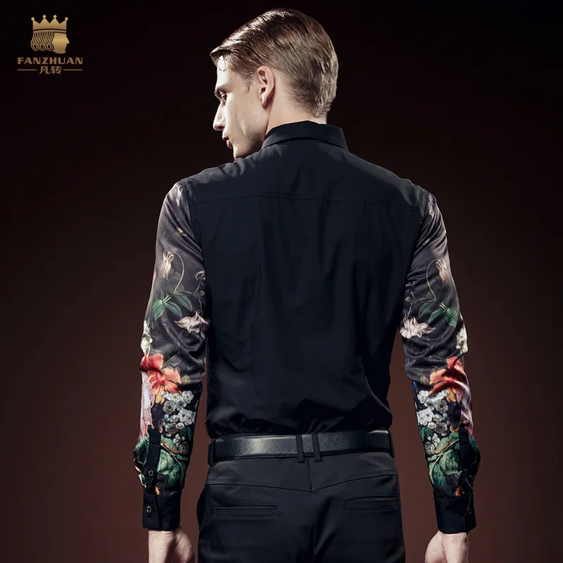Free Shipping New fashion personality male men\'s long sleeved slim thickened embroidery printing FanZhuan velvet shirt 51203301