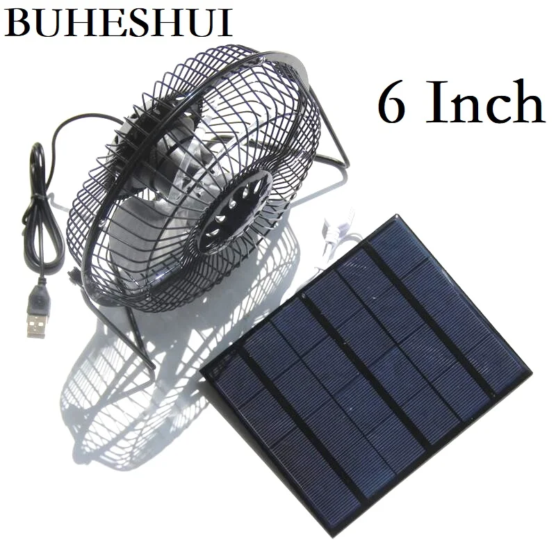 BUHESHUI USB Iron Fan 6Inch Cooling Ventilation Fan+6W Solar Panel Charger Powered for Outdoor Traveling Fishing Home Office