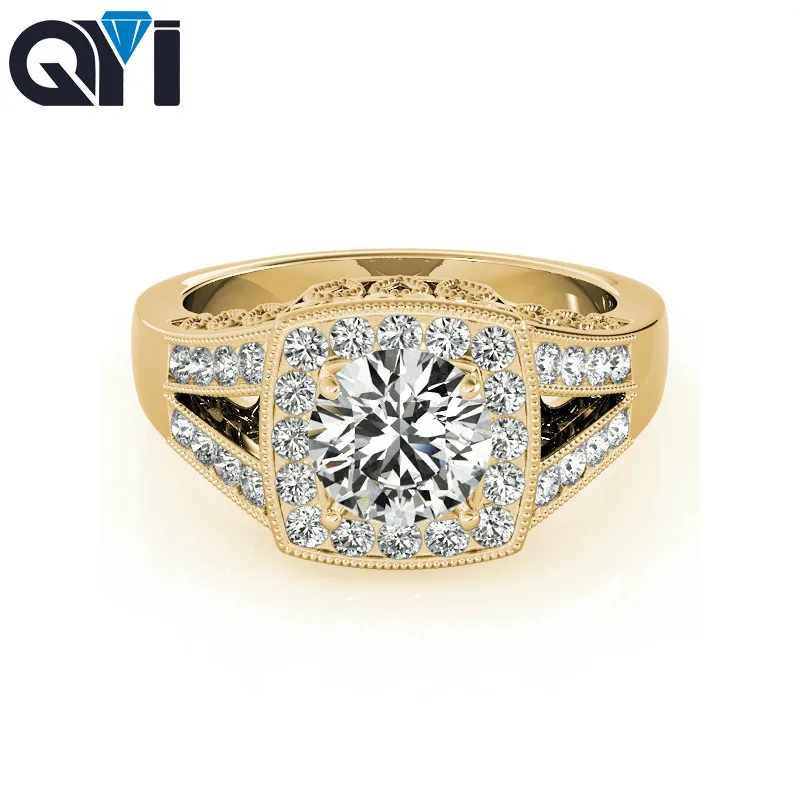 QYI Women 14k Yellow Gold Split Band Ring Round Cut 1.25 Ct Moissanite Vintage Halo Engagement Rings