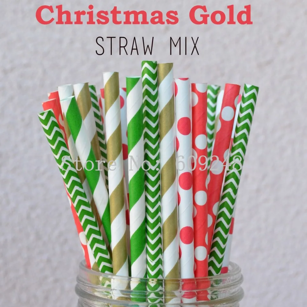 125 Pcs Mixed Colors Christmas Gold Drinking Paper Straws,Green Stripe and Chevron,Gold Striped,Red Polka Dot,Holiday Party Bulk