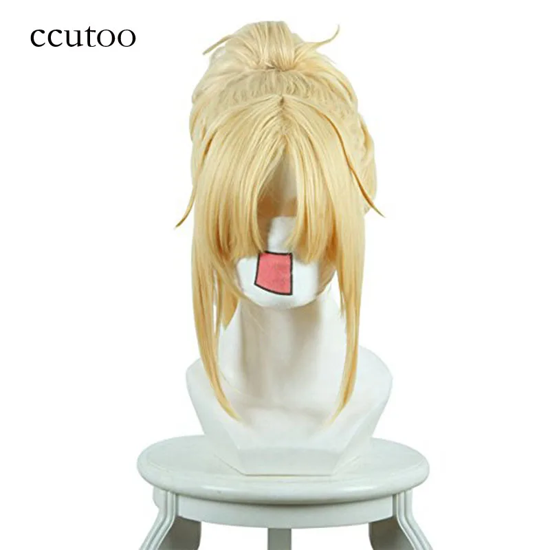 Ccutoo 40cm blond krótka prosta peruka syntetyczna z chipem kucyk odporność na ciepło peruka do cosplay Fate/Apocrypha Mordred